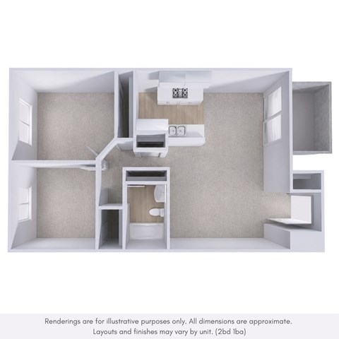 Floor plan for 2 beds, 1 bath, 950 sqft